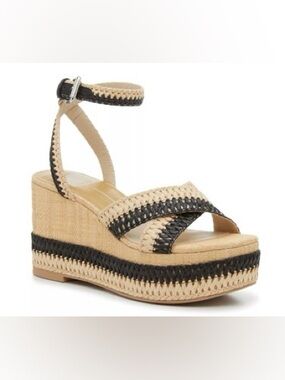 Dolce Vita Tan and Black Braided Ankle-Strap Wedge Sandal Tallis